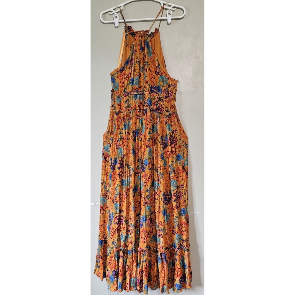 Bcbgmaxazria Maxi Dress Orange/mandarin Color Multi Floral Ruffled Metallic XL - Picture 3 of 9